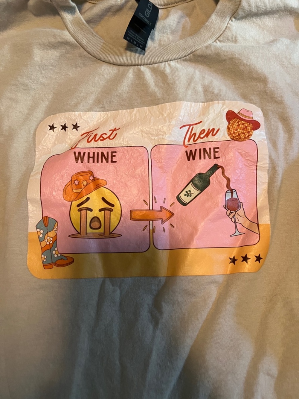 Graphic "First Whine Then Wine" Tee in Cream and Pink